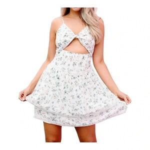 WOVEN PINK PEACE & SERENITY FLORAL PRINT FRONT CUT-OUT MINI DRESS SIZE LARGE NWT